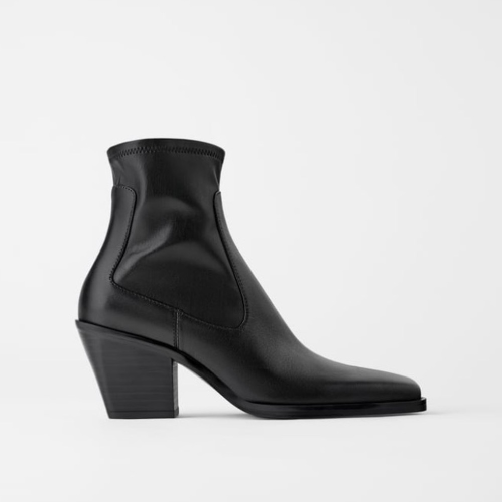 Zara leather heeled cowboy ankle boots square toe black NWT